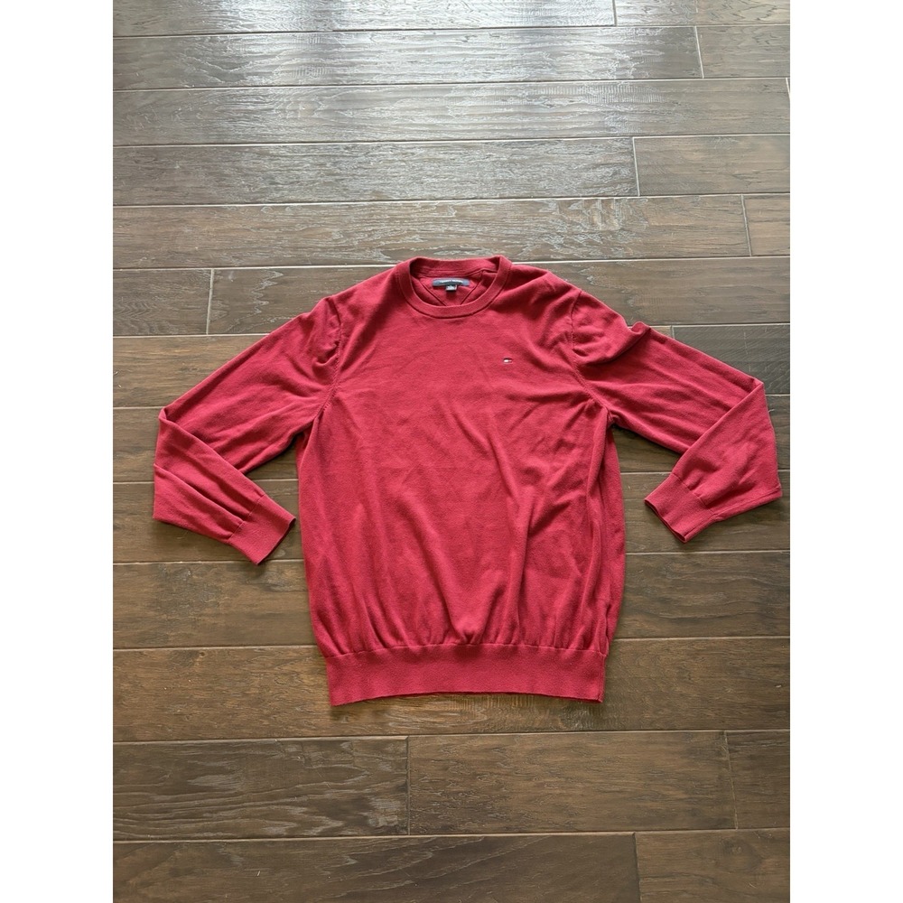Tommy Hilfiger Mens XL Red Crewneck Sweater Long Sleeve Flag Logo Knit Pullover